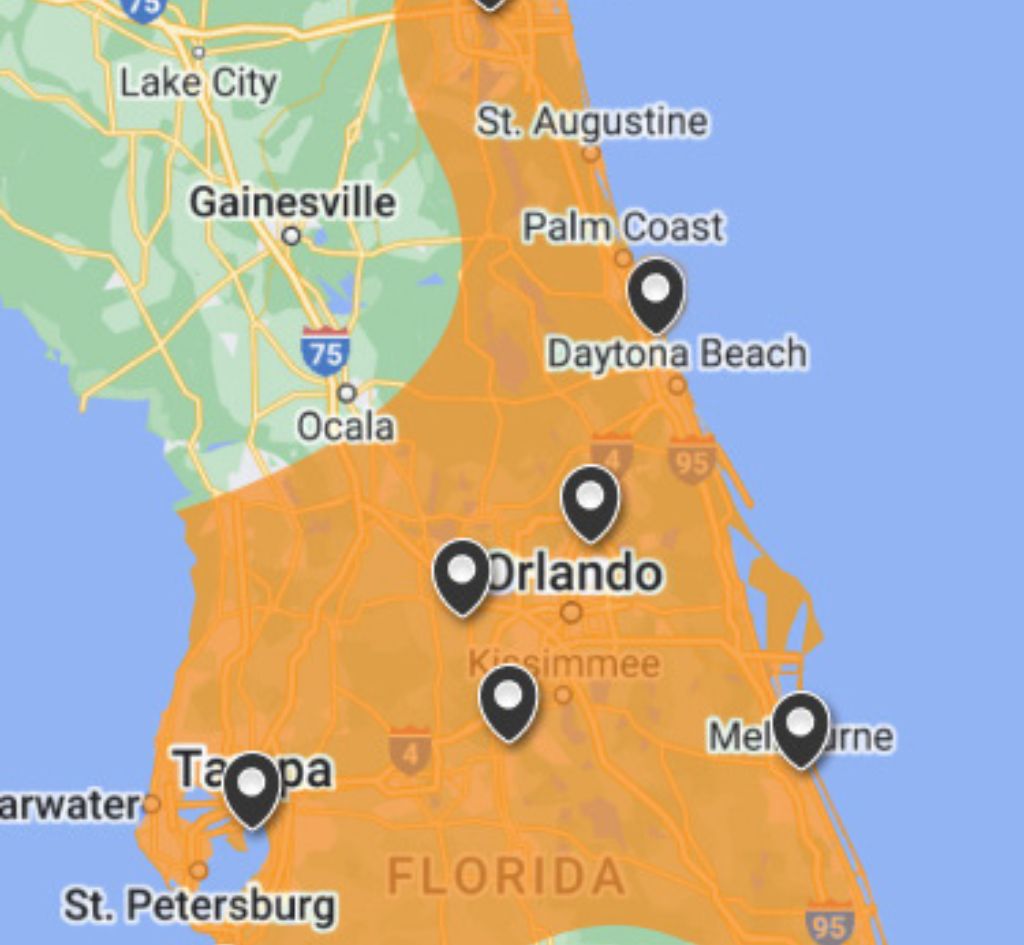 Map of Florida showing Del-Air locations